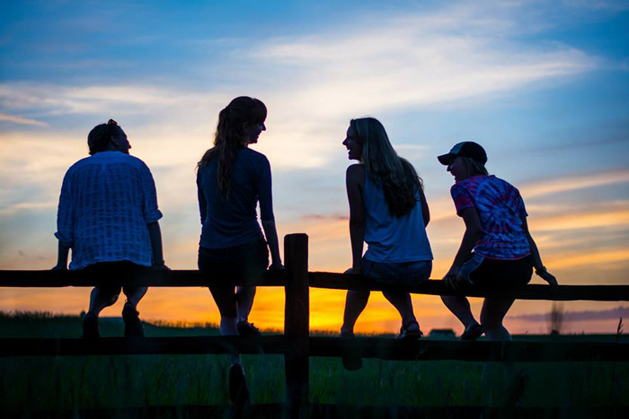 A group of interns sitting on a fence at sunset