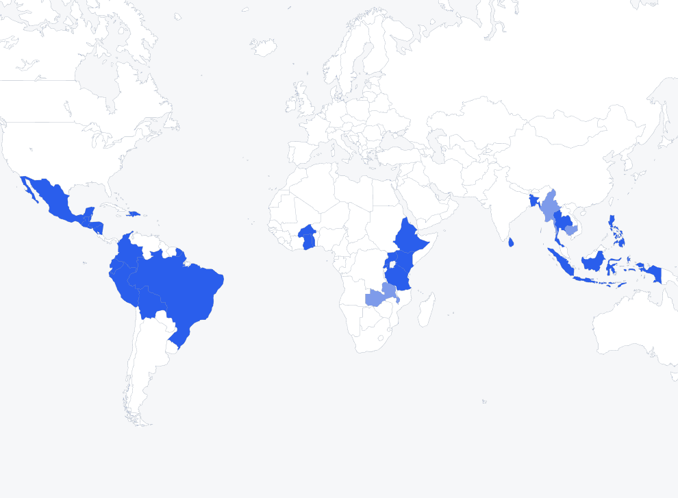 A World map of Compassion International Countries highlighted in blue