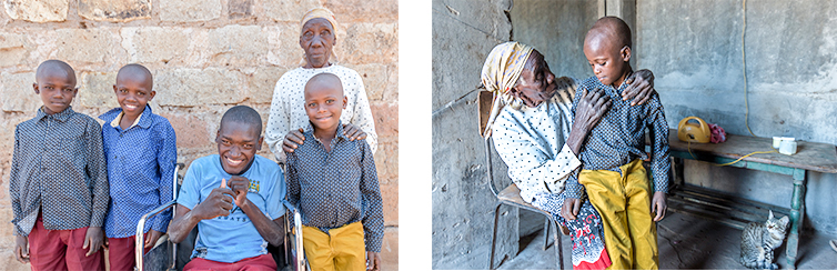 Kasola, his brothers, and their grandmother, Rael smiling